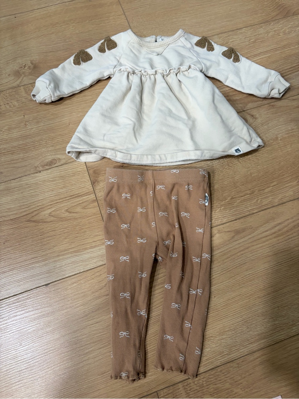 Cream Baby Dress with Gold Heart Accents + Tan Bow Print Leggings